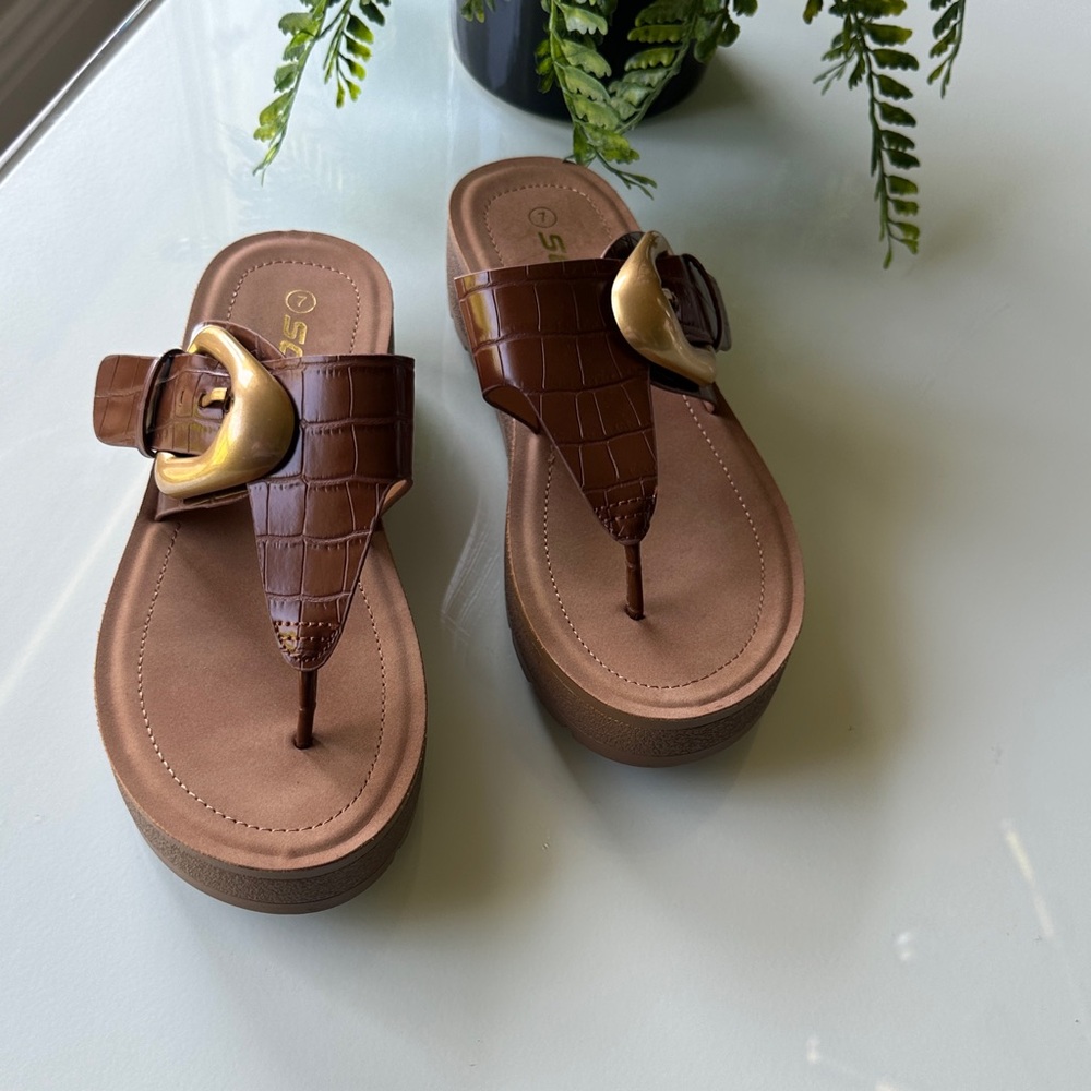 Brown Sandals with Gold Buckle NWOT